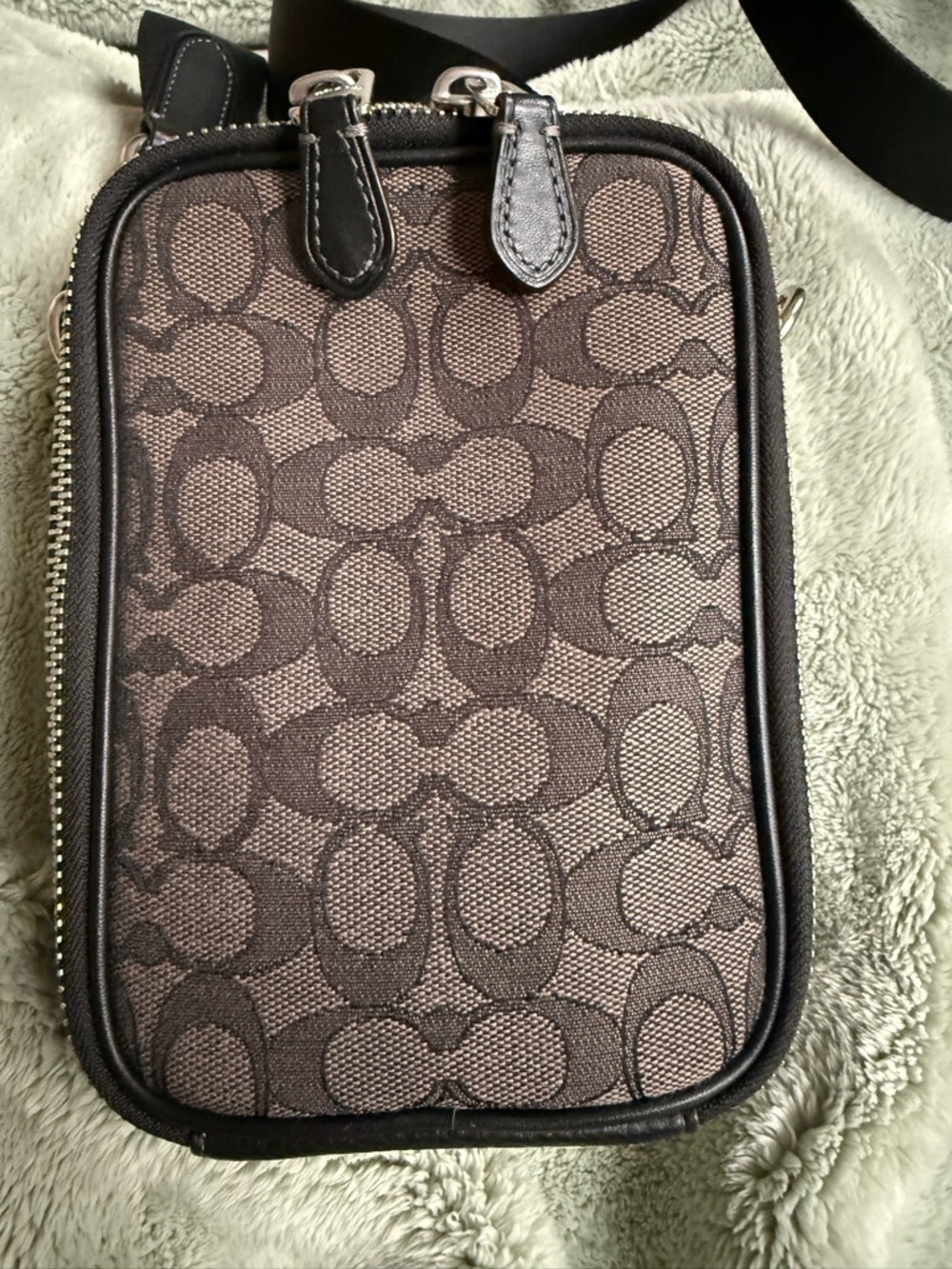 Coach Stanton CH097 Crossbody Black Pebbled Leather w/ Brown Signature Jacquard.